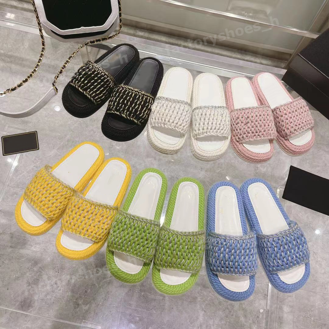 

Designer Slippers Honey Sandals Women Woven Slippers Straw Rubber Slides Luxury Chain Knit Platform Sandal Breathable Open Toe Slipper Ladies Beach Flip Flops 35-42, Color2