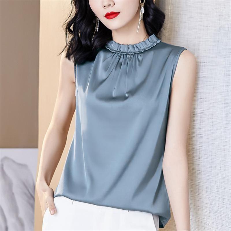 

Women' Tanks Asyabuykal Frill Neck Satin Tank Tops Women Simple Elegant Bottoming Vest Ruffles Sleeveless High Street Solid Blouse Crop Top, Black