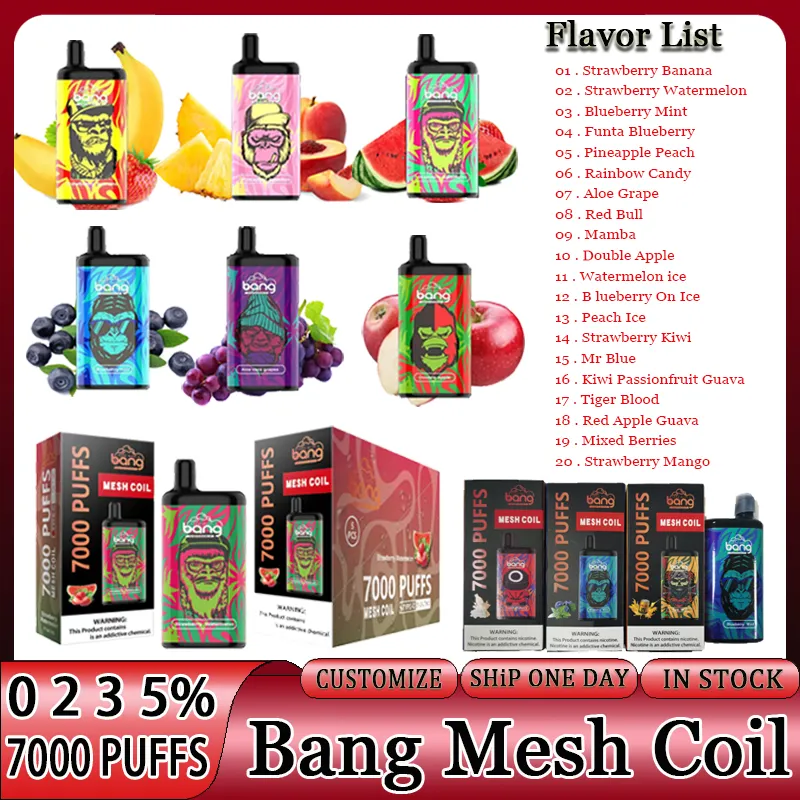 

Original Bang Mesh Coil 7000 Disposable Vape Bang Vapes Vape 7000 Puffs 2% 3% 5% Pod E Cigarette Devices Rechargeable Battery 850mAh 15ml Prefilled Cartridge Box Kit