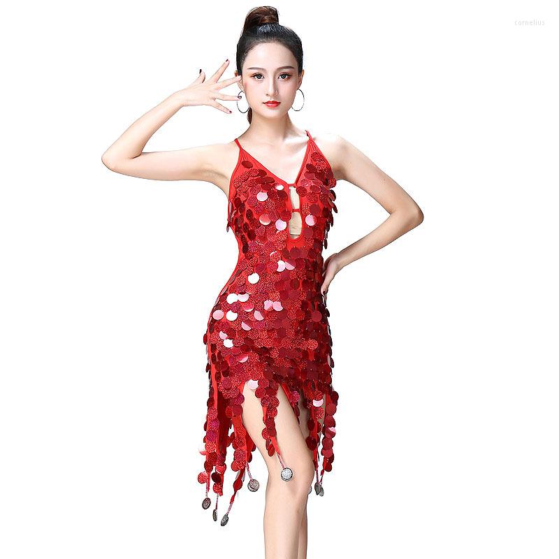 

Stage Wear One-piece Mini Dress Women Latin Dance Ballroom Party Night Club Clothes Sequins Fringes Sexy Backess Scale Brace Dresses, White