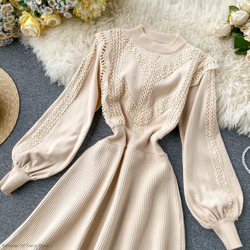 

Casual Dresses High Quality Winter Knit Sweater Dress Korean Mini Women Office Long Sleeve Lace Vestidos Elegant Pull Robe Femme, Black