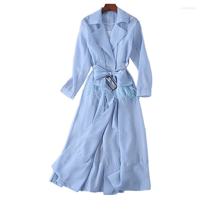 

Casual Dresses High Quality 2023spring And Summer Feather Tassel Decorative Windbreaker Dress Solid Color Tie Slim Long Thin Female, White