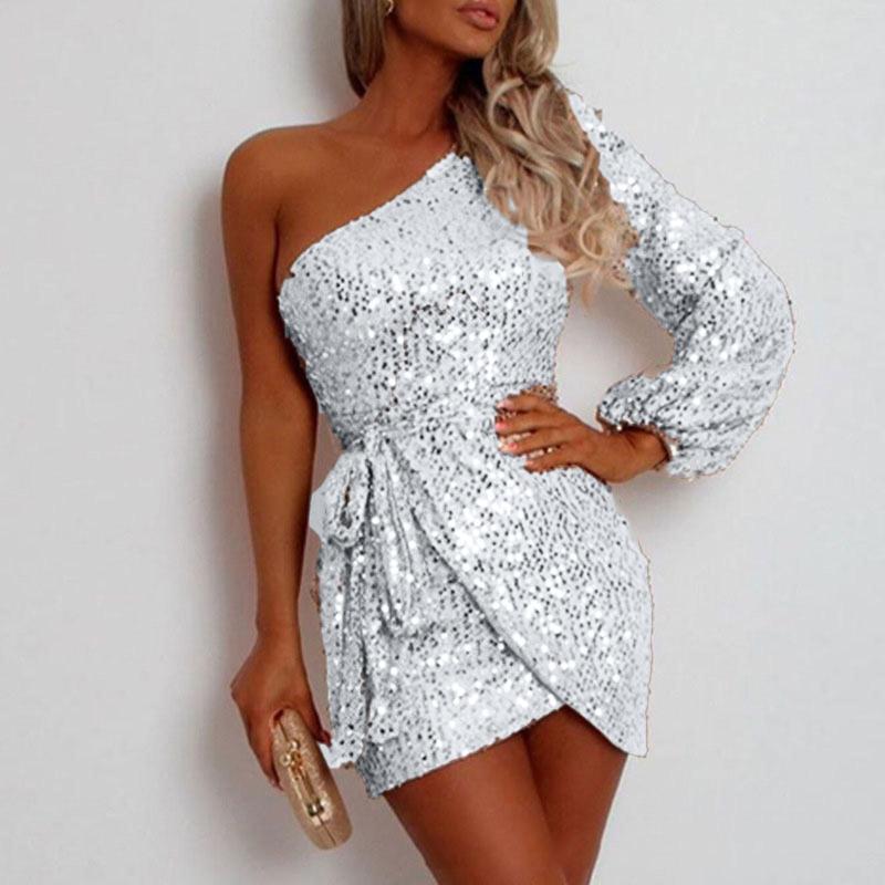 

Casual Dresses Womail Sexy One Shoulder Dress Sliver Sequined Party Spring Autumn V Neck Front Split Bodycon Vestido Bling Clubwear, Pink