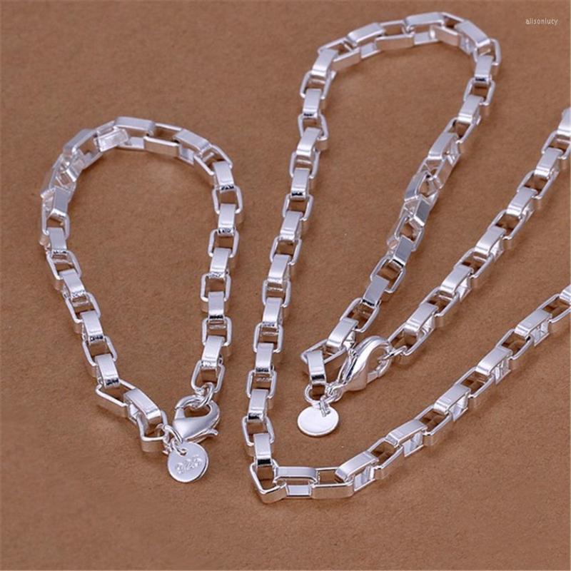 

Necklace Earrings Set Charm 925 Color Silver Bracelets Jewelry For Men Classic 5MM Long Box Chain 20 Inch Fashion Party Christmas Gift, Picture shown