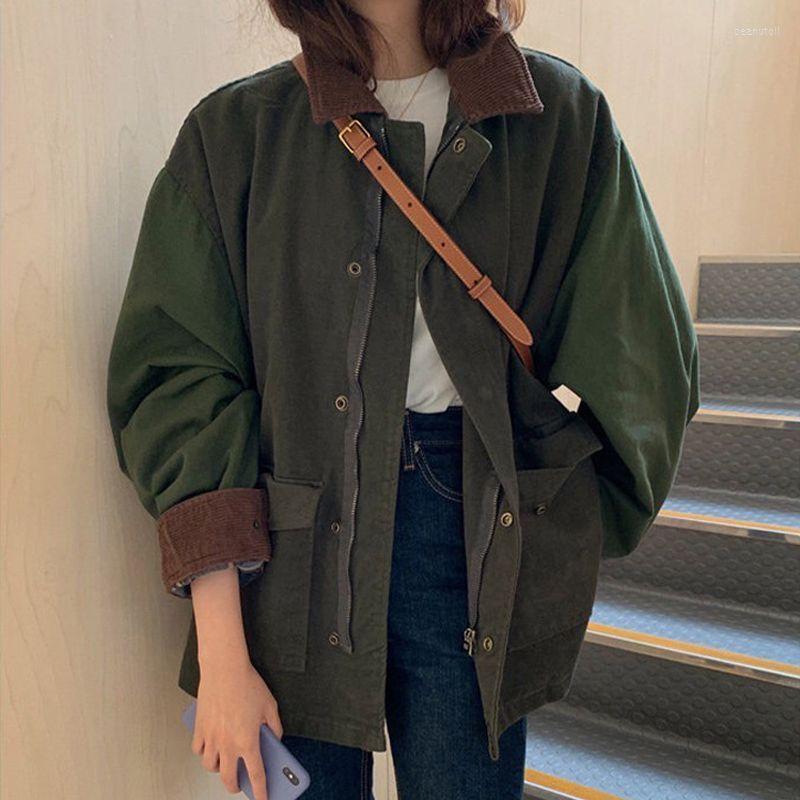 

Women' Jackets Deeptpwn Vintage Patchwork Turn Down Collar Corduroy Jacket Coat Autumn Hip Hop Women Streetwear Casual Outerwear Female Top, Green