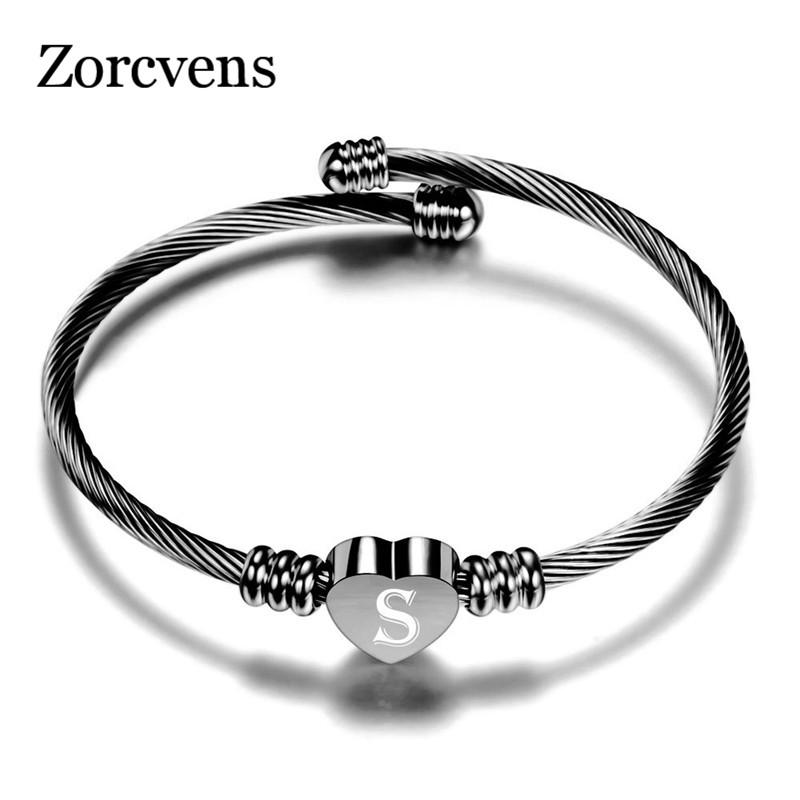 

Link Bracelets Chain ZORCVENS 2023 Fashion Punk Vintage Black Stainless Steel Letter Jewelry A-Z Alphabet Heart Bangles For Women