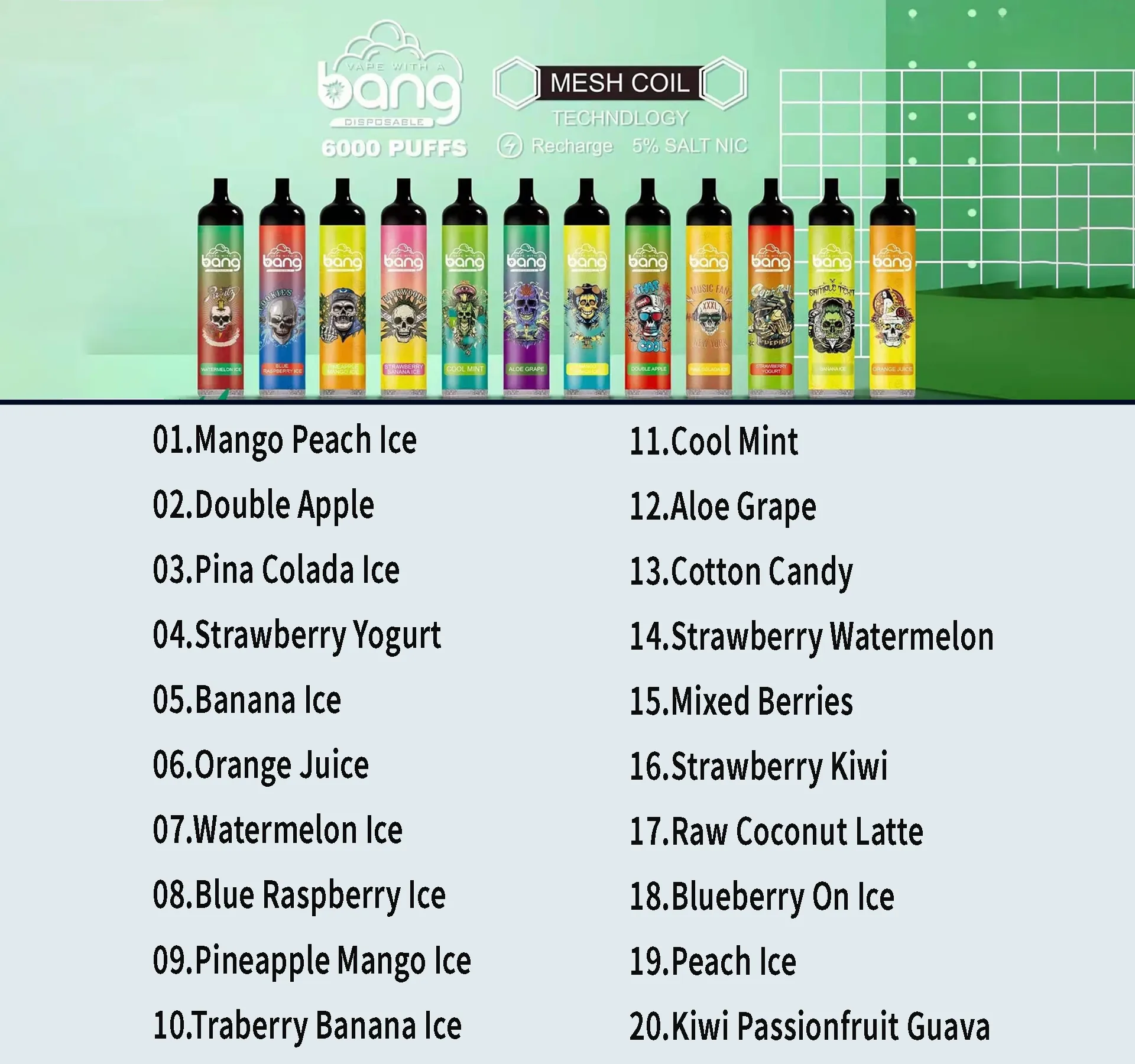 

Original Bang Mesh Coil 6000 Puffs Disposable E-cigarettes 2% 3% 5% Nico Bars Bang Puff 6000 Vape Pen 14ml Pre-filled Pods Cartridge 1100mAh Rechargeable Battery