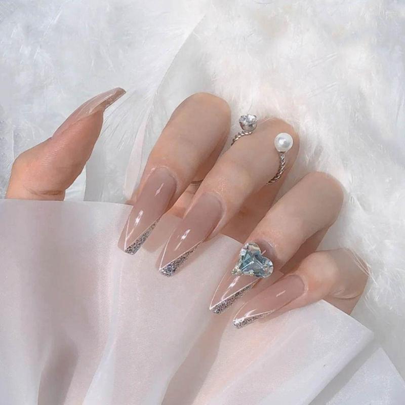 

False Nails Tips Pink Cloud Press On Fake Nials Gradient Coconut Trees French Black Edge Long Ballerina, M033