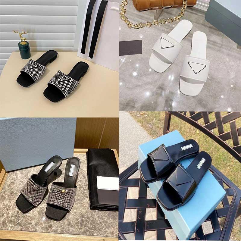 

Designers Sandals Brushed Crystals Satin Leather Women Slippers High Heels Pumps Mules Slipper Flip Flops Flat Slides Screen-printed Ladies Shoes
