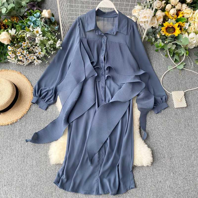 

Casual Dresses Hikigawa Chic Fashion Woman Dress Vintage Ruffled Streamer Loose Midi For Women Chiffon Solid Pleated Vestidos Mujer, White