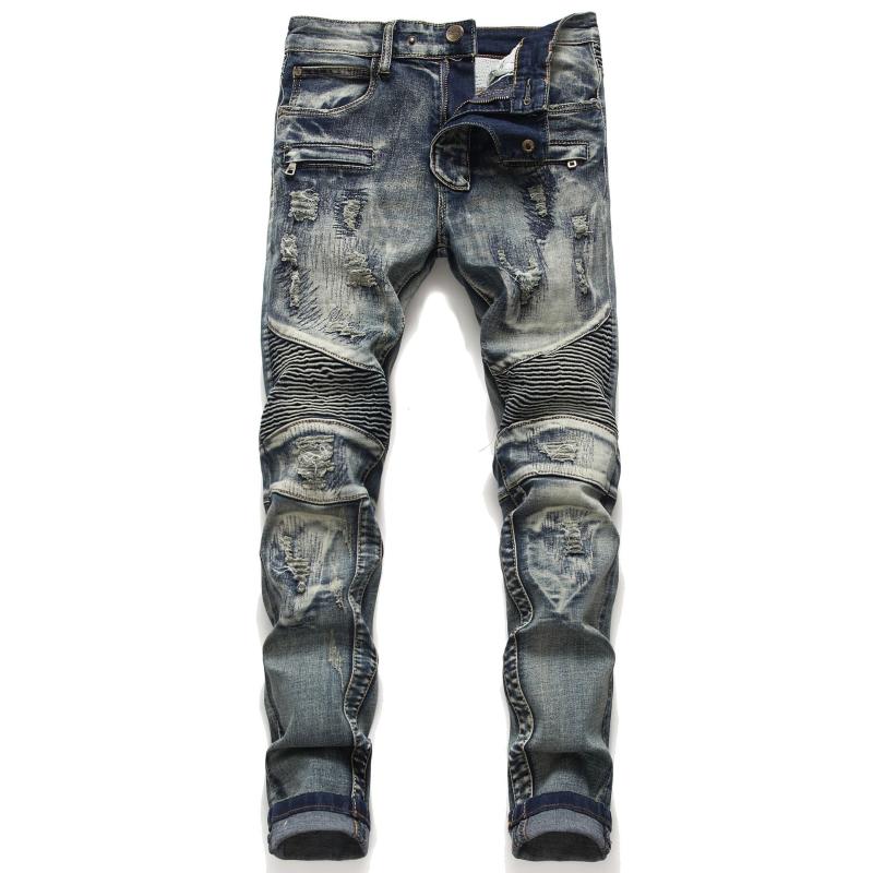 

Men's Jeans Biker Skinny Men Retro Denim Ripped Stretch Pants Slim Fit Trousers Motorcycle Hip Hop Fashion For MenMen's, Photo-color