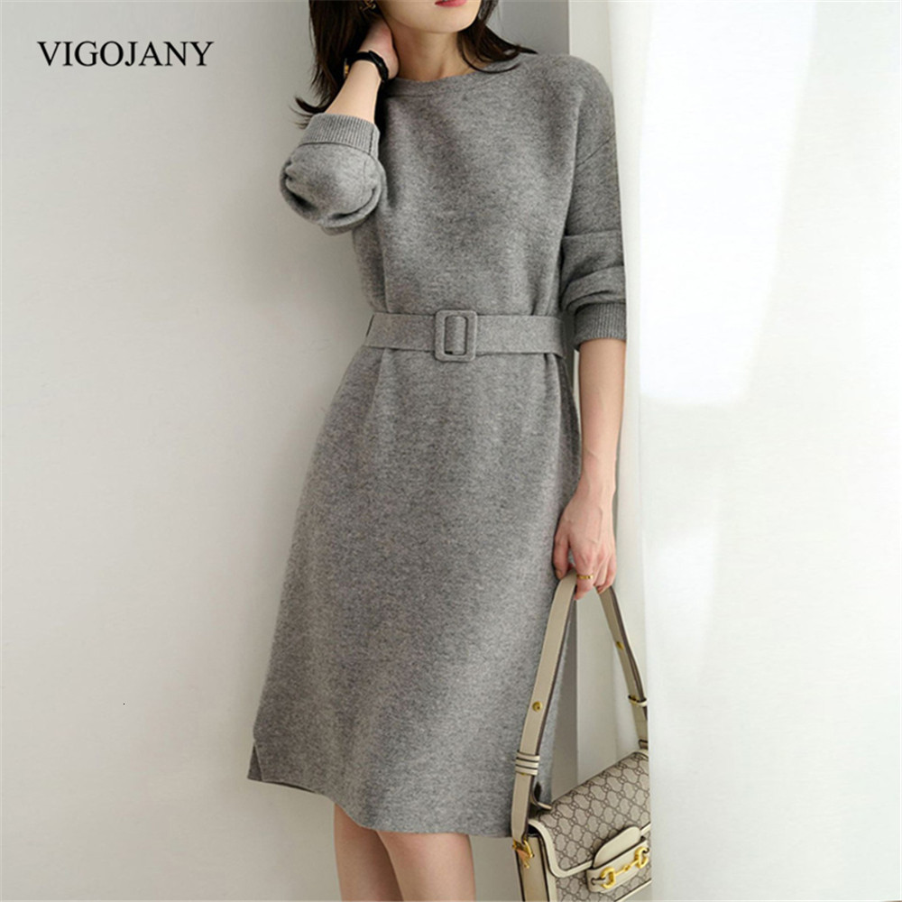 

Casual Dresses VigoJany Autumn Winter Women Gray Belt Sweater Dress Casual Long Sleeve O Neck Knee Dress Ladies Korean Warm Knitted Dress 230316, Pink knitted dress