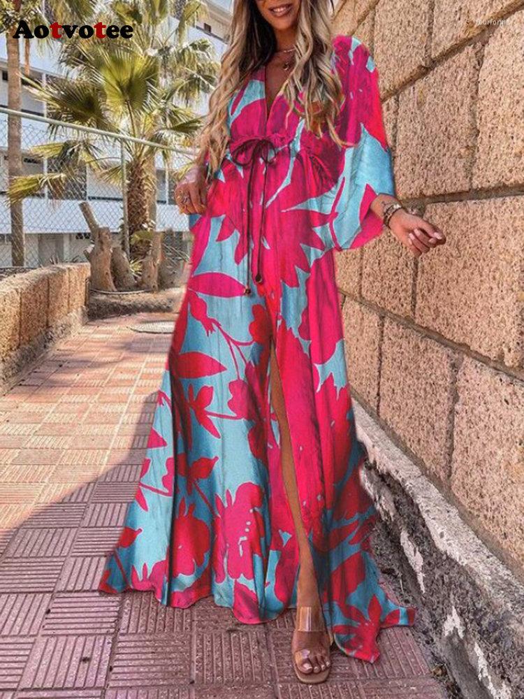 

Casual Dresses Aotvotee Dress For Women V-Neck Slit Leg Lace Up Print Pink Irregular Elegant Panelled Female Clothe Fashion Spring 2023, Gold