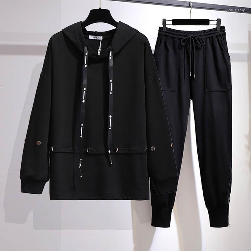 

Tracksuits 150Kg Plus Size Women's Spring Hooded Sweatshirt Sports Sets Bust 157cm  7XL 8XL 9XL 10XL Loose Casual Trousers Black