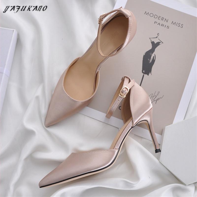 

Dress Shoes Silk Satin Mid Hollow High Heels Pointed Toe Sexy Single Thin One-Word Buckle Women Champagne Lady Pumps 32 33, Black 6 cm