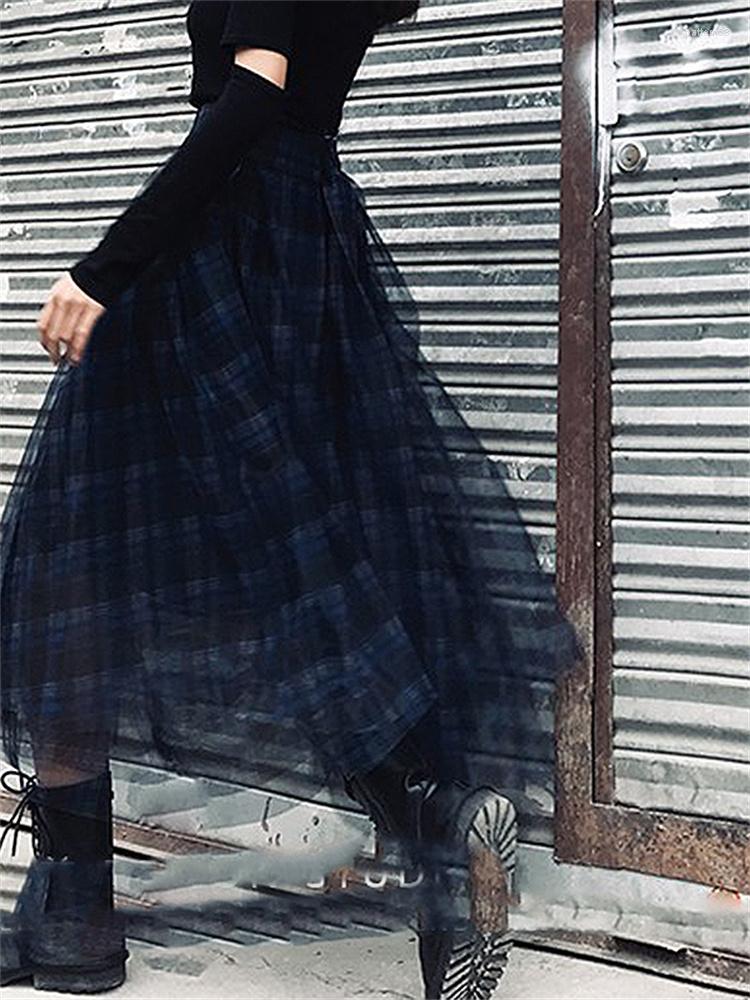 

Skirts Vintage Plaid Patchwork Mesh Women' High Waist Hit Color Elegant A Line Female 2023 Spring Fashion Harajuku, Blue