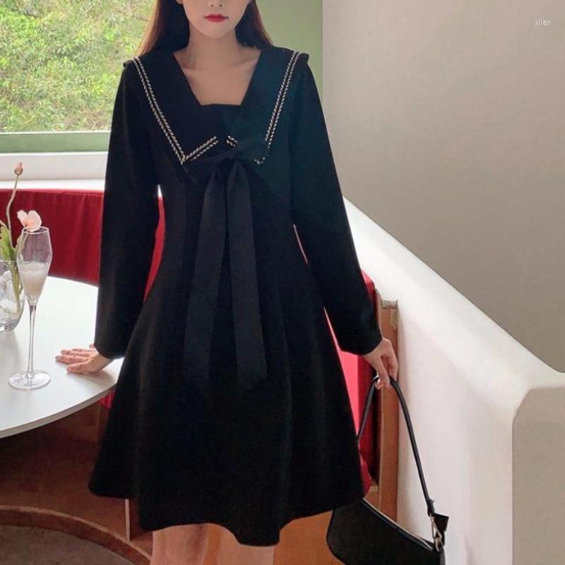 

Casual Dresses Sweet Women Elegance Black Sailor Collar Preppy Long Sleeve Loose Oversized A-line Mini