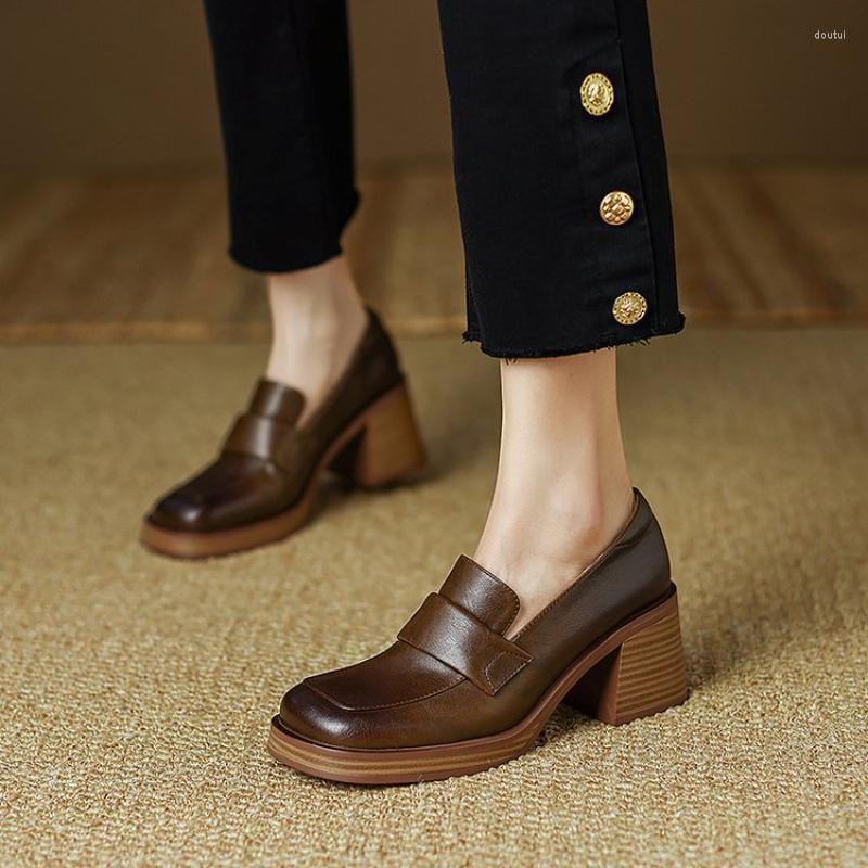 

Dress Shoes Spring For Women Genuine Leather Square Toe Chunky Heel Slip-On Pumps High Heels Simple Ladies, Black