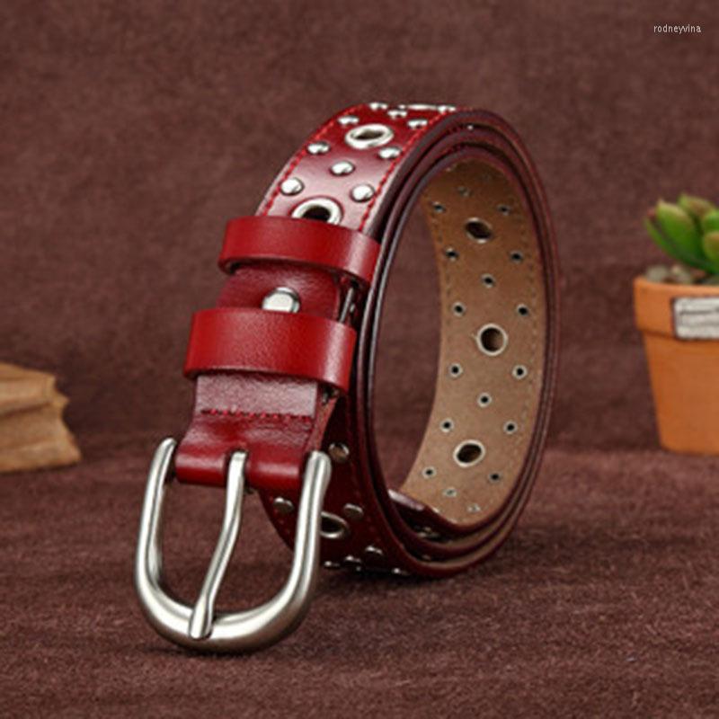 

Belts 2023 Ladies Needle Leather Belt Japanese And Korean Jeans Decorative Fashion Casual Hollow Rivet Punk, Red
