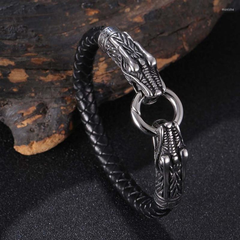 

Charm Bracelets Fashion Double Dragon Head Stainless Steel Braided Leather Bracelet Men Bangle Punk Rock Party Jewelry Male Gifts FR1215