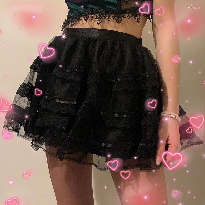 

Skirts Gothic Mesh A-line Skirt Summer Women Sexy Solid Colors High Waist Goth Punk Mini 2023 Fashion Cool Girl Streetwear, Black