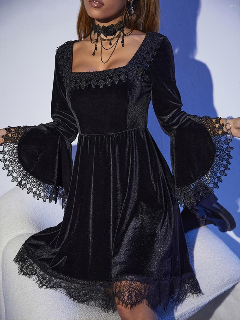 

Casual Dresses Gothic Lace Trim Long-sleeved Dress Velvet Fashion Solid Slim Temperament Mid-Length Women's Clothing, Black