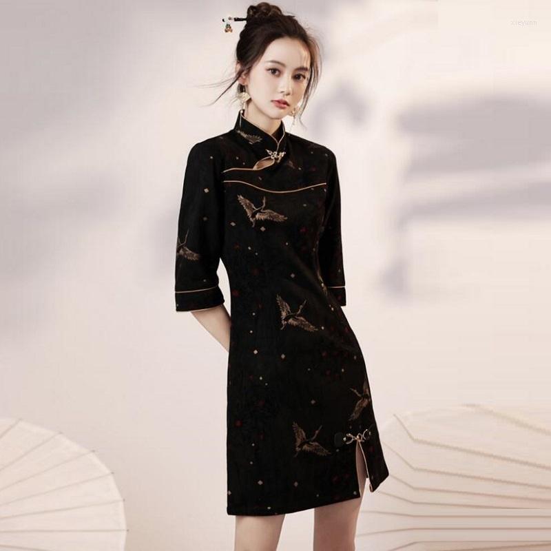 

Ethnic Clothing Chinese Style Cheongsam Dress Women Fashion Black Modern Modified Qipao National Traditional Robe Orientale Girl Vestidos