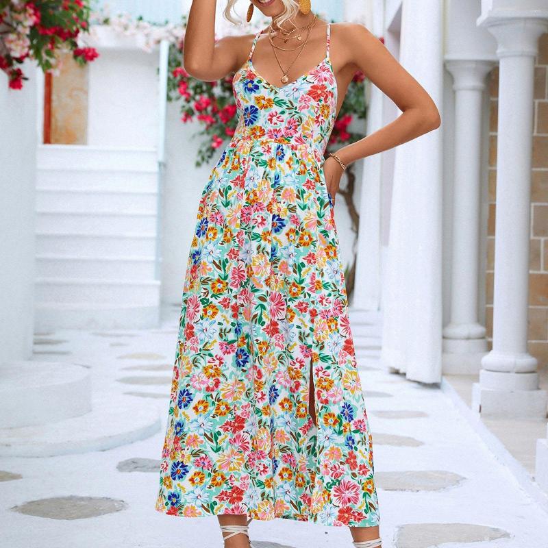 

Casual Dresses Elegant Long For Women 2023 Fashion Bohemian Style Print V Neck Backless Slit Camisole Dress Vestidos De Mujer, White