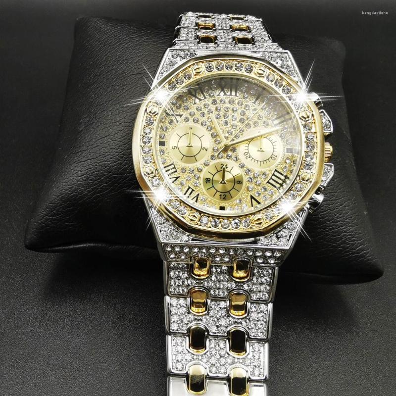 

Wristwatches Diamond Watch For Men Iced Out Hip Hop Luxury Quartz Mens Watches Silver Gold Stainless Steel Relojes Hombre 2023