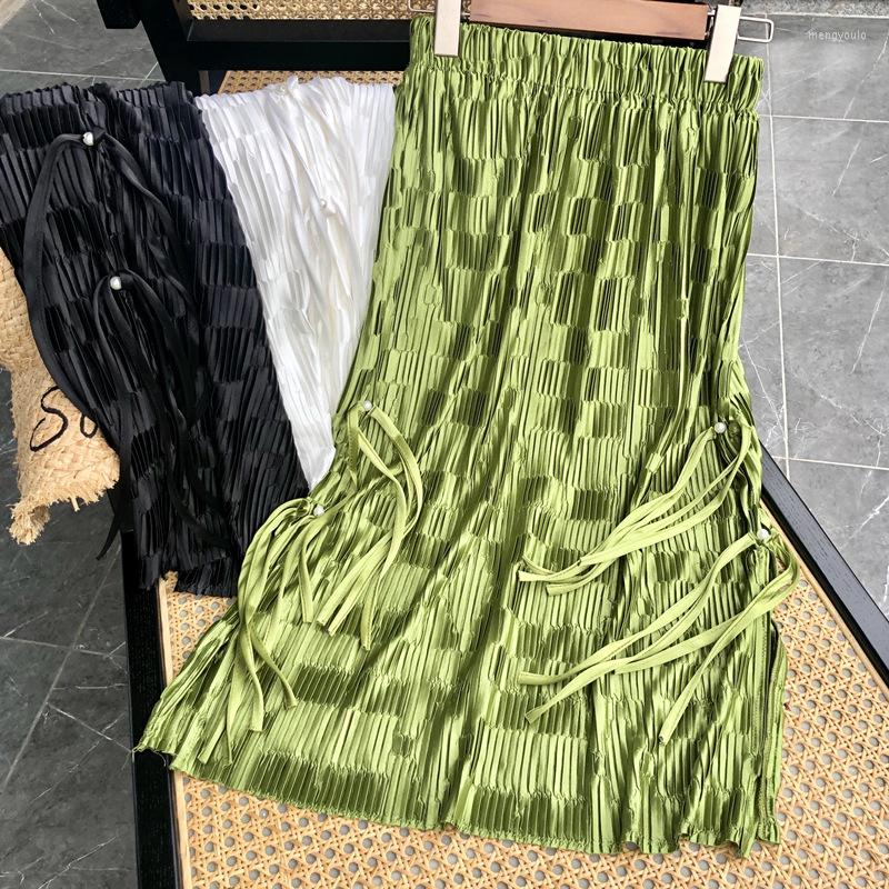 

Skirts 2023 Autumn Elastic High Waist Thin Loose Elegant Simple Green Tassel Sexy Side Slit Women A-line Long Skirt, Black