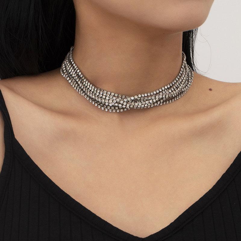

Chains Punk Exaggerated Multilayer Rhinestone Choker Necklace For Women Luxury Geometric Chocker Clavicle JewelryChains