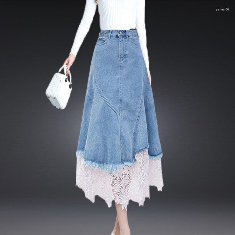 

Skirts 2023 Spring Autumn Women's All-Match Lace Patchwork High Waist Slim A Line Long Denim Skirt Streetwear Femme E435, Blue