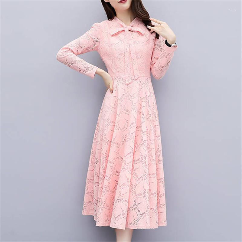 

Casual Dresses Summer Seaside Holiday Beach Dress Women Elegant Tie Bow Lace Ladies Long Sleeve A Line Large Hem Vestidos, Black