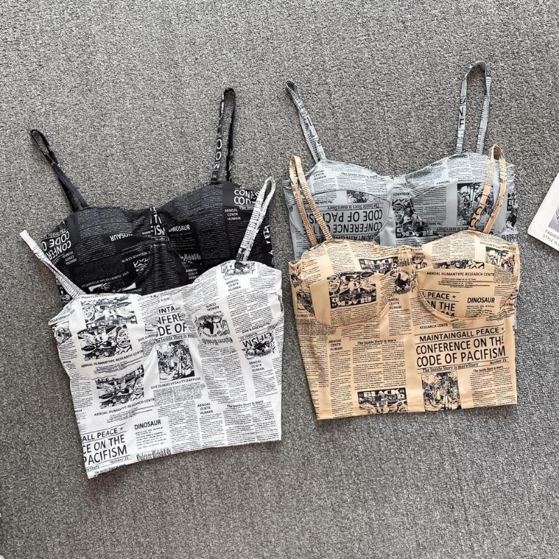 

Women's Tanks Retro Temperament Spaper Print Outer Wear With Chest Wipe Beautiful Pad Slim Short Style Backless Suspender Vest Top, Black