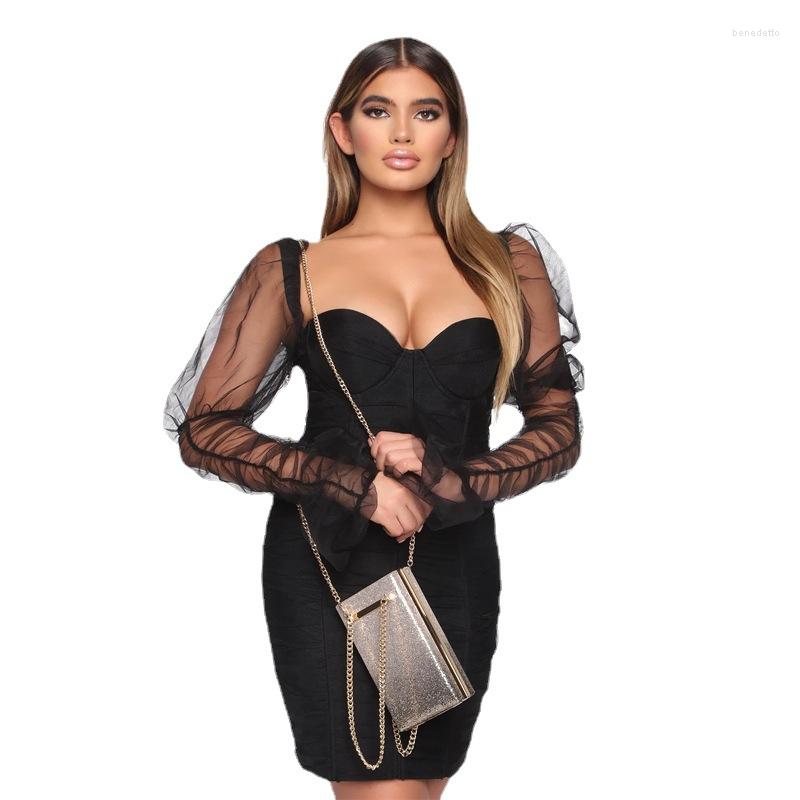 

Casual Dresses CNACNOO Patchwork Mesh Flared Long-sleeved Sexy Bodycon Dress Party Women High-waisted Square Collar Backless Vestidos