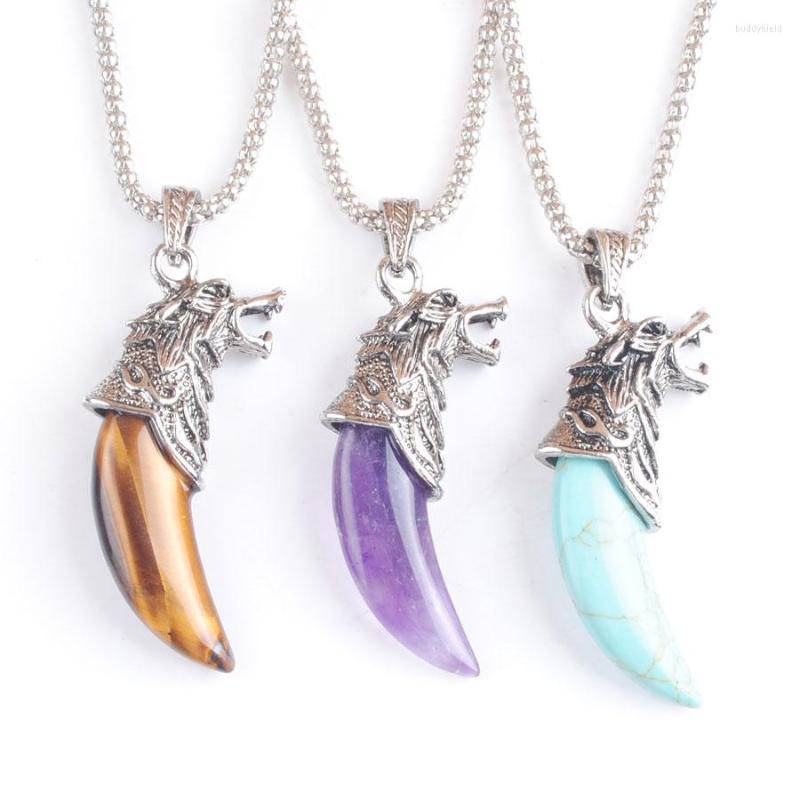 

Pendant Necklaces Natural Tigers Eye Amethyst Stone Wolf Tooth Shape Pendants Necklace For Women Man Copper Amulet Luck Jewelry Gift TBN518