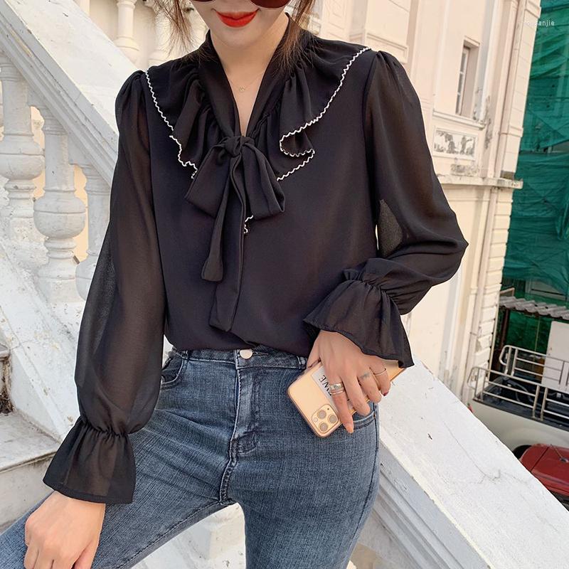 

Women' Blouses Bow Tie Style Chiffon Blouse Shirts Korean Sweet Blusa Feminina V Neck Long Sleeve Solid For Women 2023 Spring All-match, Black