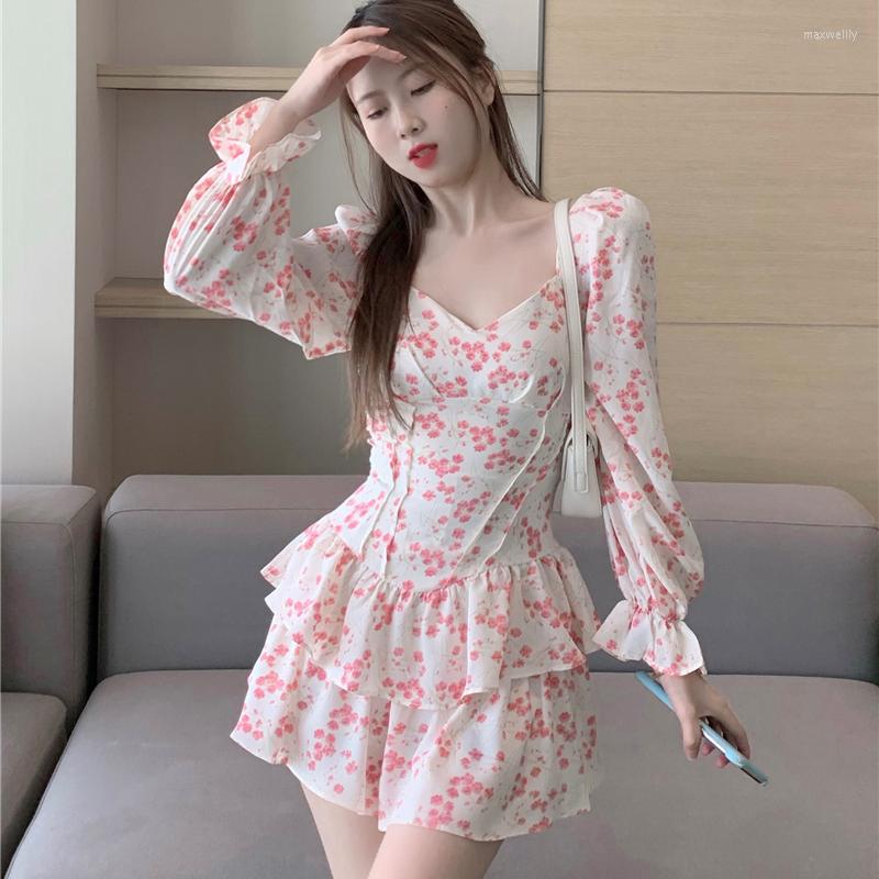 

Casual Dresses French Gentle Temperament One-word Collar Floral Long-sleeved Waist-strap Dress Maxi For Women, Pink floral