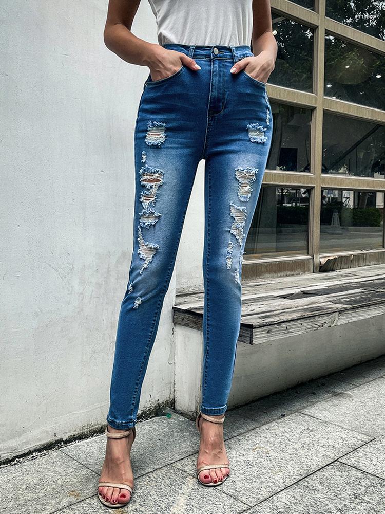 

Women' Jeans Blue Ripped Women Pencil Pants High Waist Hole Stretch Hip Lift Streetwear Denim Trousers Female Solid, 01