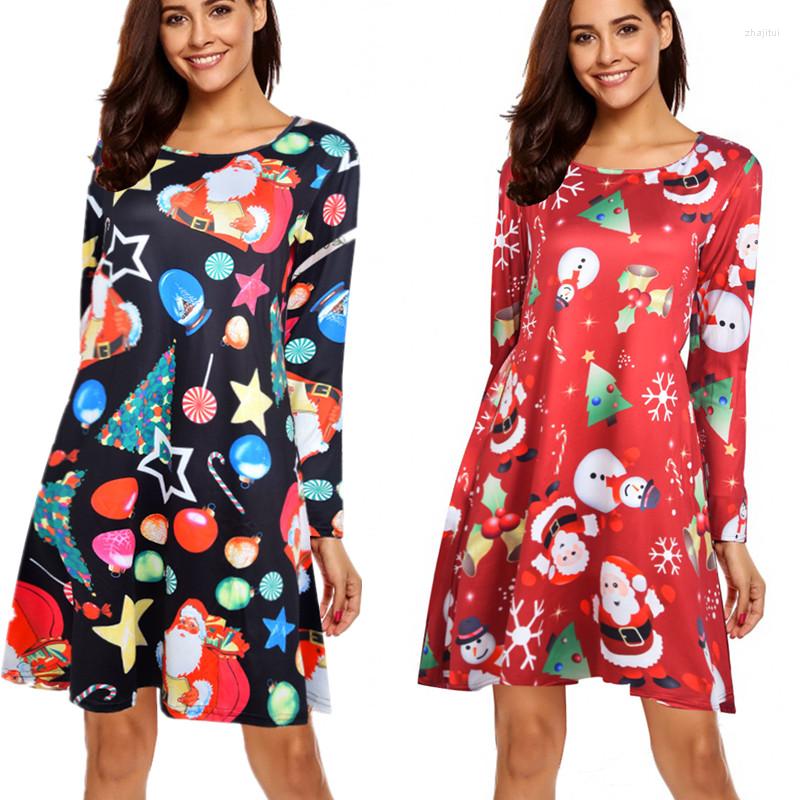 

Casual Dresses Year Ladies Robe Christmas Cartoon Print Snowman Dress Long Sleeve Vestidos Mini Party, 7703-black red