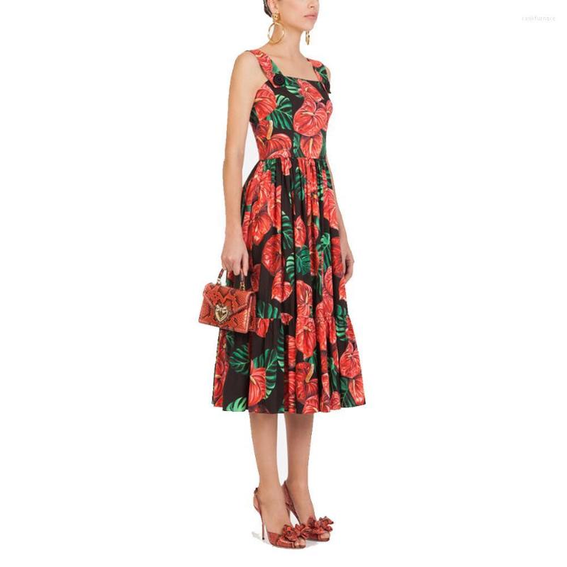 

Casual Dresses -XL High Quality 2023 Summer Fashion Red Leaves Printed Tube Top Strap Delicate Button Stitching Slim Woman Dress, Model color