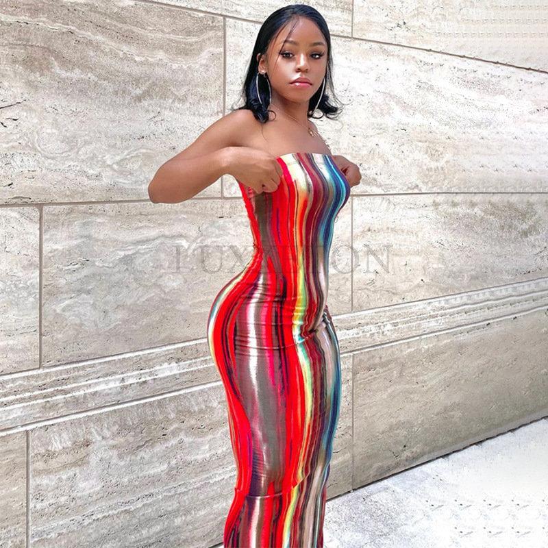 

Casual Dresses Arrival Women Summer Strapless Dress Female Sexy Midi Sleeveless Off Shoulder Girls Tie Dye Print Clothes Outfits, Red