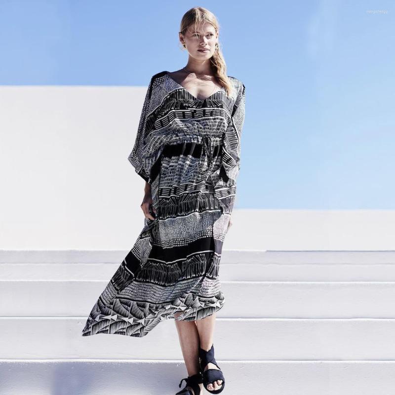 

Casual Dresses 2023 Summer Women's Blouse Ladies Causal Dress Mid-sleeve Striped Printed Loose Robe Beach Top Girls Beachwear