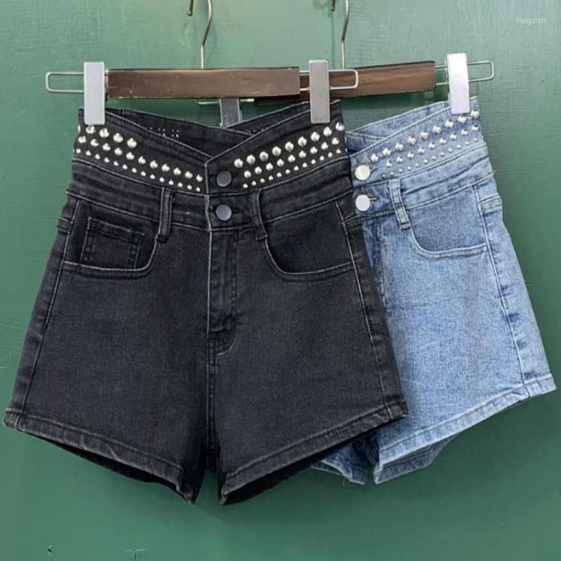 

Women' Shorts 2023 Summer Fashion Rivets Denim Women High Waist Wide Leg Jeans, Black
