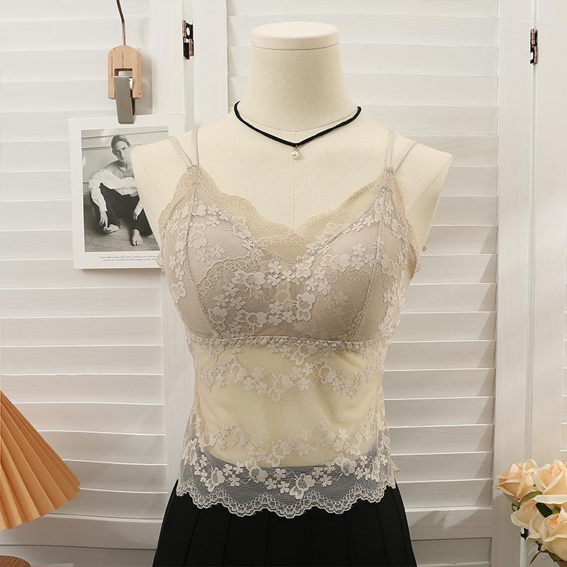 

Women's Tanks Korean Fashion Lace Patchwork Tank Woman Summer V Neck Mesh Built In Bra Camis Female Sleeveless Crop Tops Women Drop, Khaki