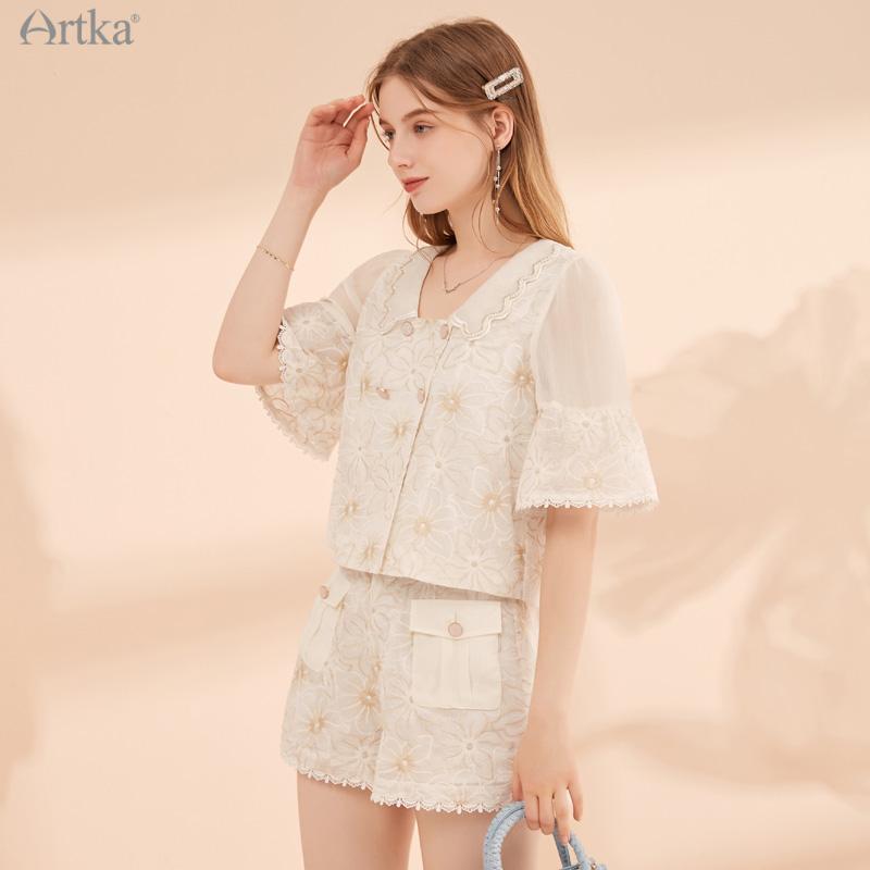 

Women' Tracksuits ARTKA 2023 Summer Women Suits Elegant Pearl Lapel Flower Embroidery Chiffon Shirts Two Piece Set A-Line Shorts Suit RA200, Beige