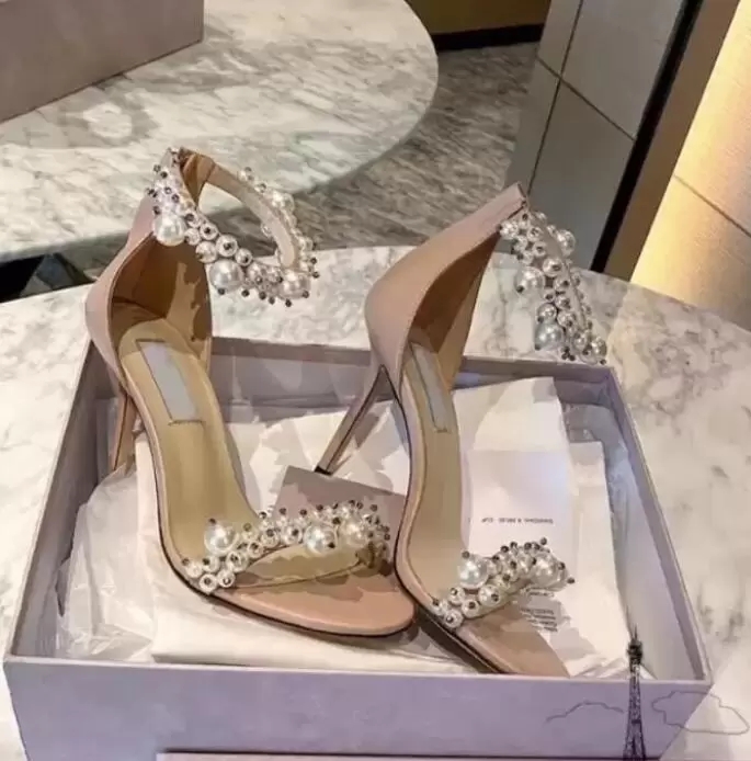 

Elegant Bridal Wedding Dress Sandals Shoes Perfect Lady High Heels Women's Pearls Straps Sexy Summer Sandalias With Box EU 36-43 Perfect Bride
