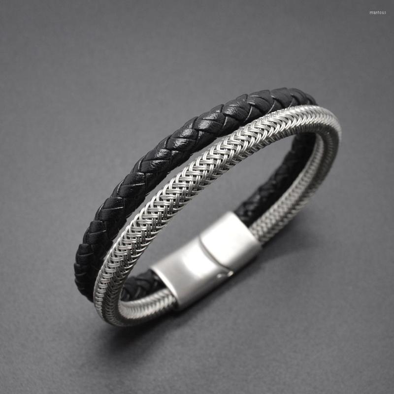 

Strand 5Pcs/Lot Engrave Logo Luxury Stainless Steel Leathe Bracelet Fashion Men's Jewelry Classic Multilayer Braided Leather