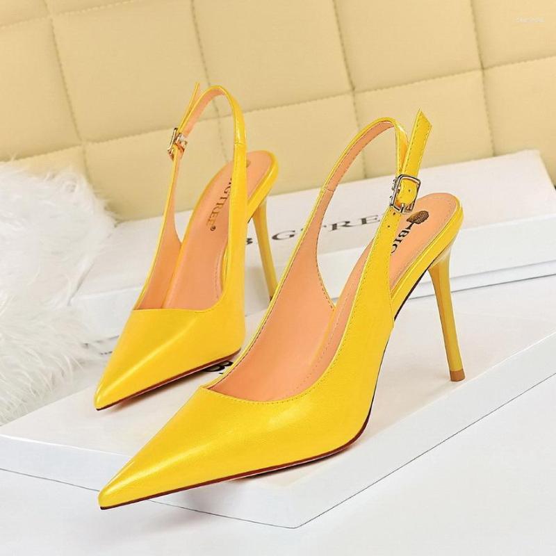 

Sandals 2023 Women Heels Yellow Lady Shiny Leather Stripper Slingback Sandles Low Wedding Bridal Prom Shoes, 869-2 yellow 9.5cm
