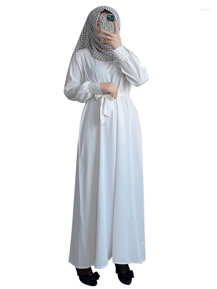 

Ethnic Clothing Abaya Islam Muslim Dress Women Lace Up High Waist Robes Autumn Solid Beading Fashion Traditional Festival Ramadan 2023